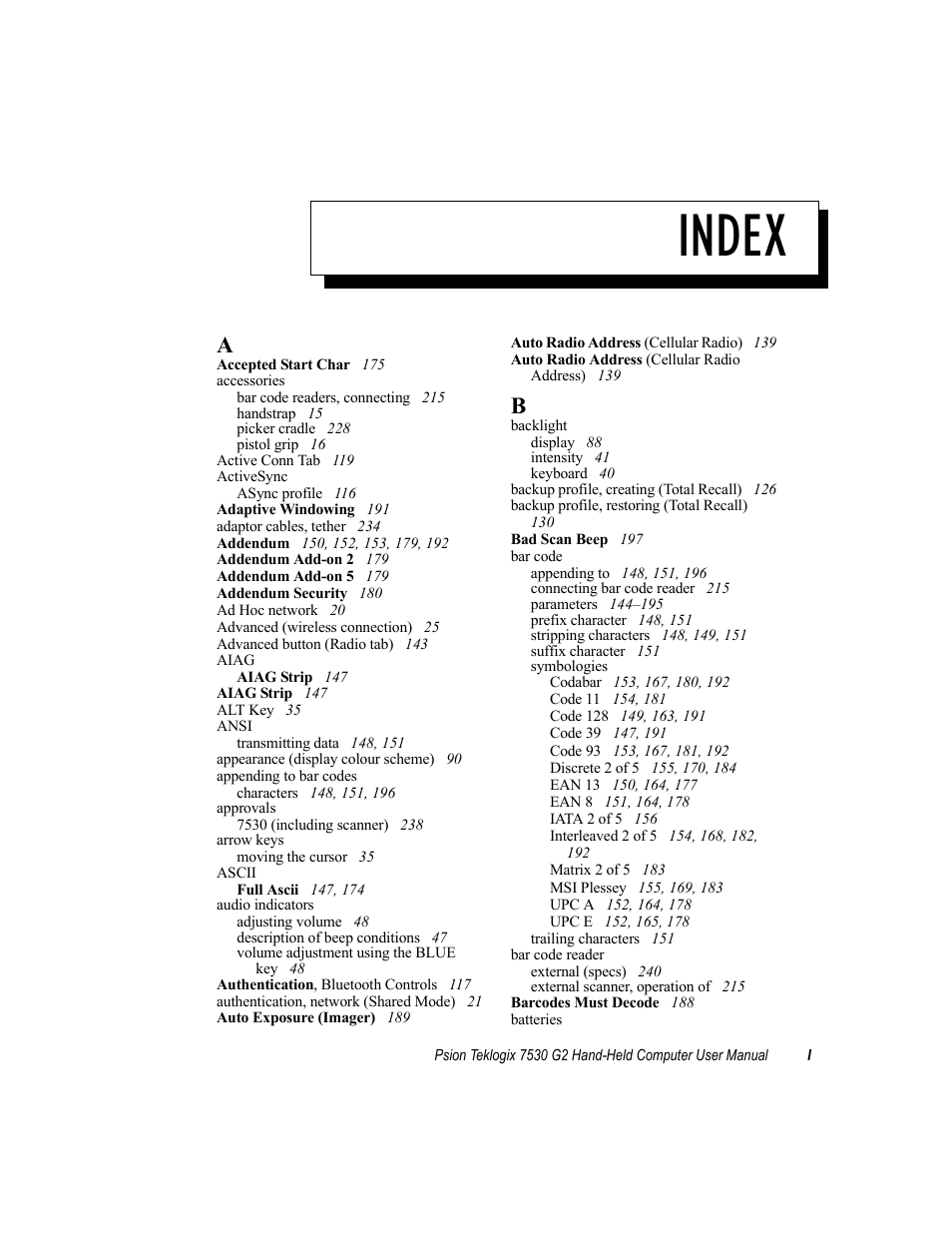 Index | Psion Teklogix Hand-Held Computer 7530 G2 User Manual | Page 287 / 296