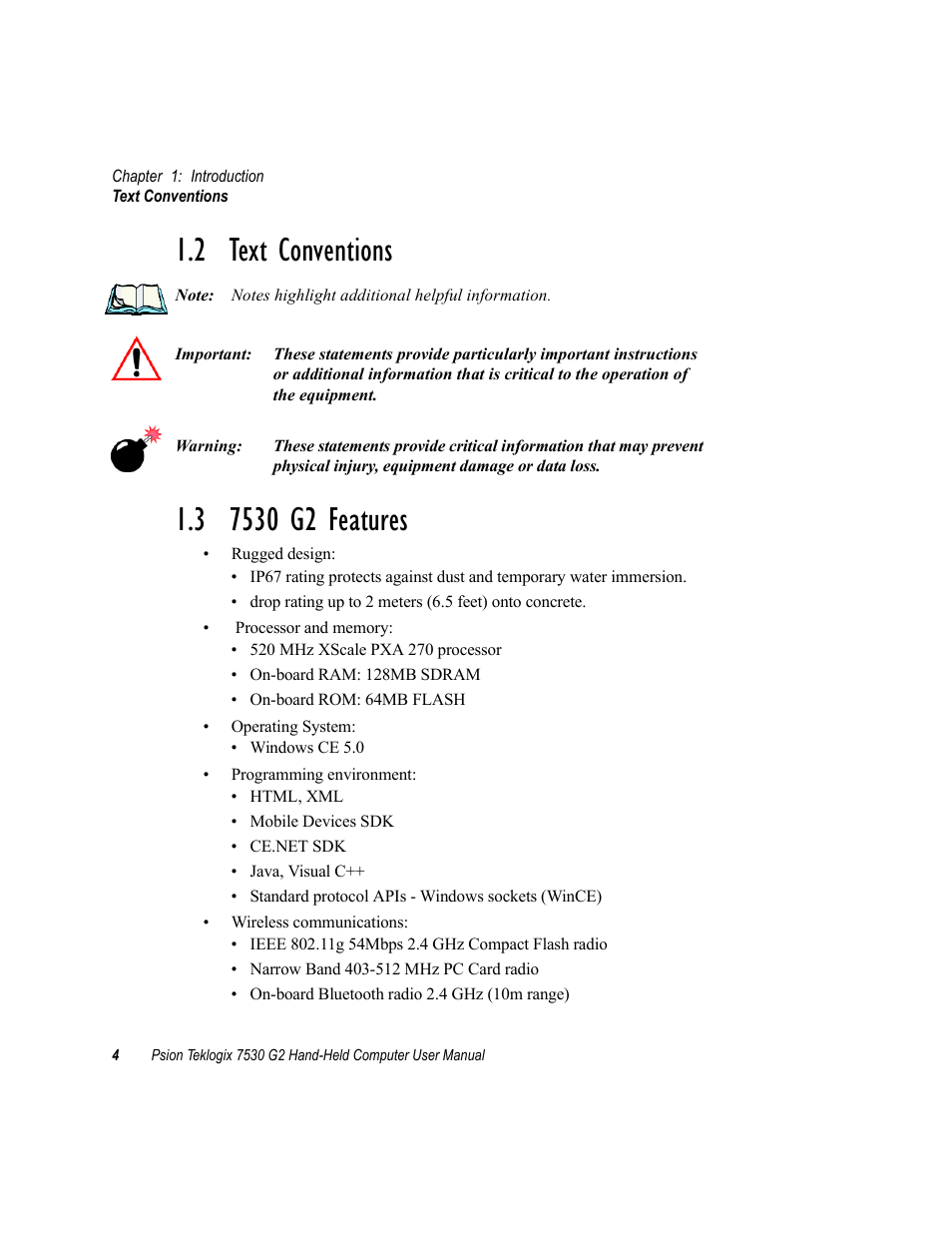 2 text conventions, 3 7530 g2 features, 2 text conventions 1.3 7530 g2 features | Psion Teklogix Hand-Held Computer 7530 G2 User Manual | Page 32 / 296