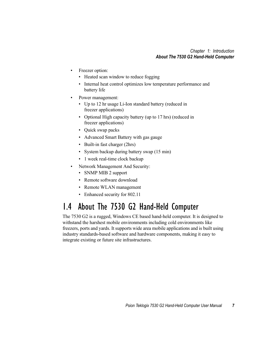 4 about the 7530 g2 hand-held computer | Psion Teklogix Hand-Held Computer 7530 G2 User Manual | Page 35 / 296