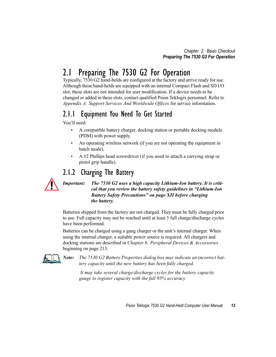 1 preparing the 7530 g2 for operation, 1 equipment you need to get started, 2 charging the battery | Psion Teklogix Hand-Held Computer 7530 G2 User Manual | Page 41 / 296