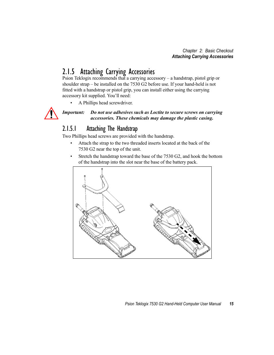 5 attaching carrying accessories, 1 attaching the handstrap | Psion Teklogix Hand-Held Computer 7530 G2 User Manual | Page 43 / 296