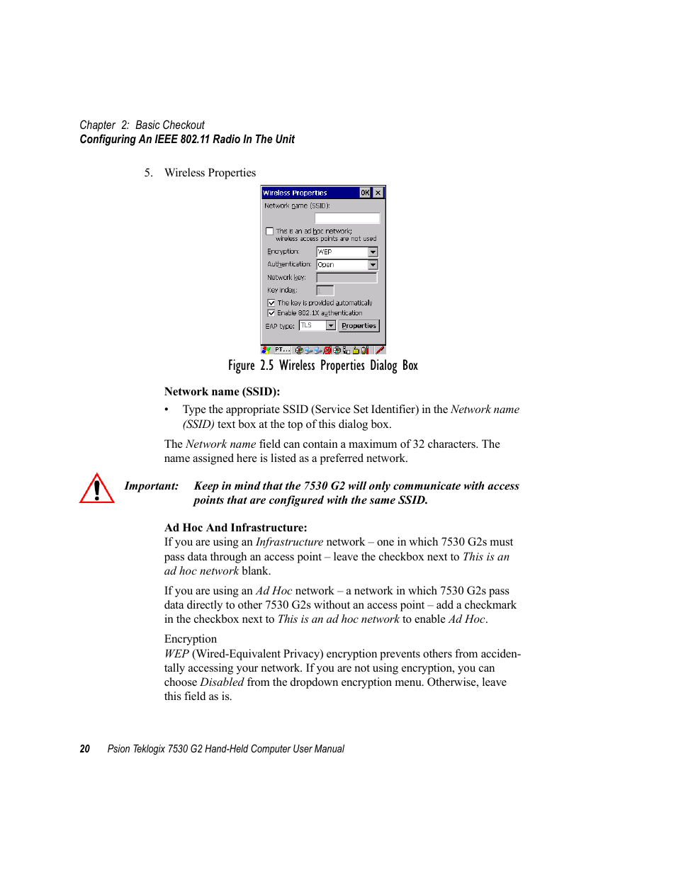 Figure 2.5 wireless properties dialog box | Psion Teklogix Hand-Held Computer 7530 G2 User Manual | Page 48 / 296