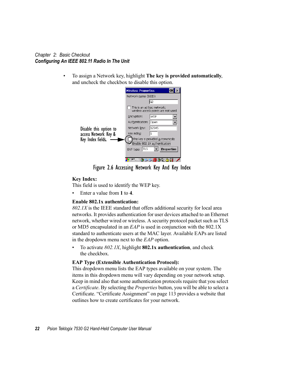 Figure 2.6 accessing network key and key index | Psion Teklogix Hand-Held Computer 7530 G2 User Manual | Page 50 / 296