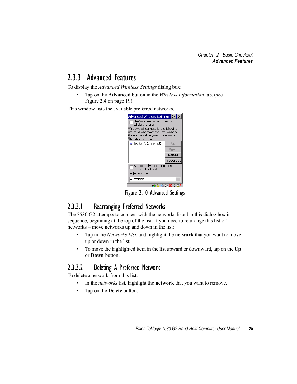 3 advanced features, 1 rearranging preferred networks, 2 deleting a preferred network | Psion Teklogix Hand-Held Computer 7530 G2 User Manual | Page 53 / 296