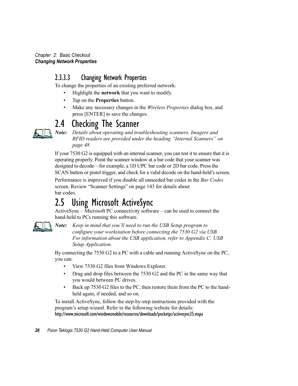 3 changing network properties, 4 checking the scanner, 5 using microsoft activesync | Psion Teklogix Hand-Held Computer 7530 G2 User Manual | Page 54 / 296