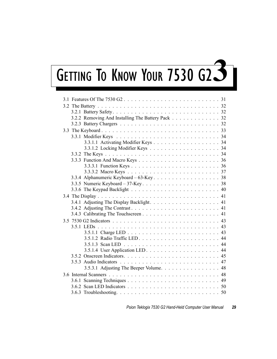 Getting to know your 7530 g2 3, Chapter 3: getting to know your 7530 g2, Etting | Psion Teklogix Hand-Held Computer 7530 G2 User Manual | Page 57 / 296