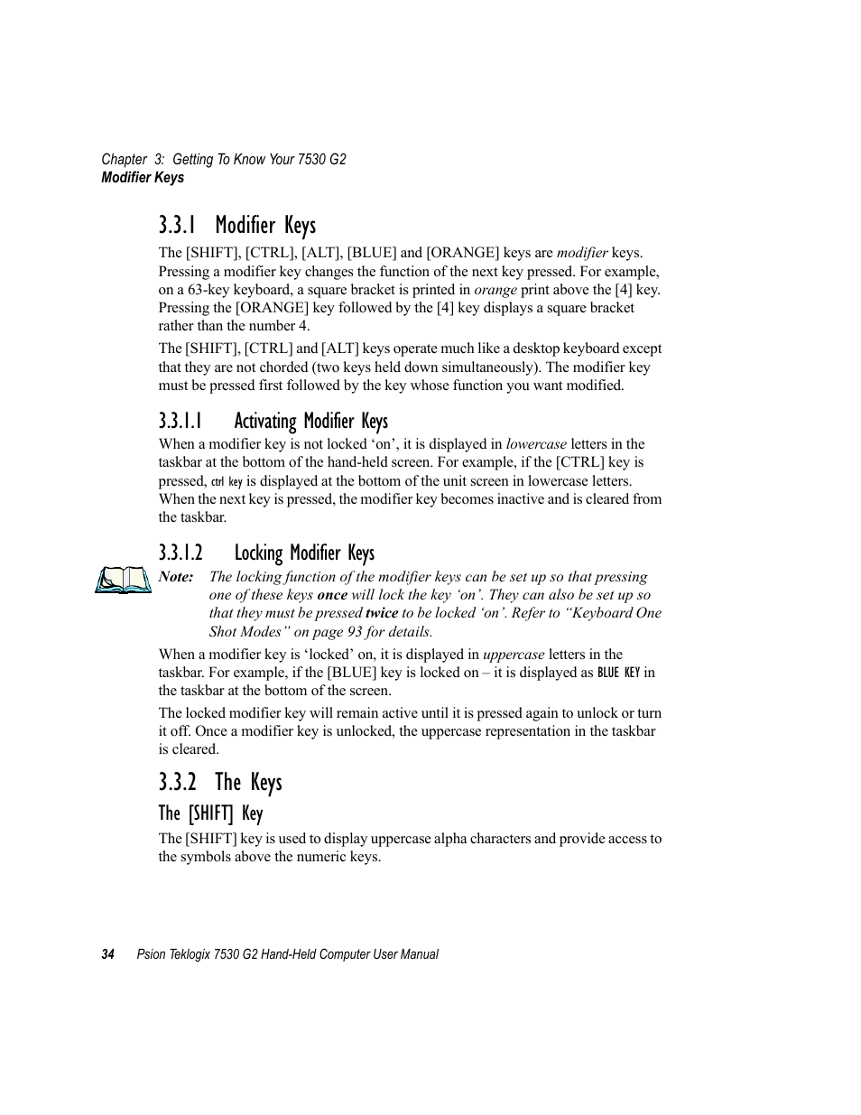 1 modifier keys, 1 activating modifier keys, 2 locking modifier keys | 2 the keys, 1 modifier keys 3.3.2 the keys, The [shift] key | Psion Teklogix Hand-Held Computer 7530 G2 User Manual | Page 62 / 296