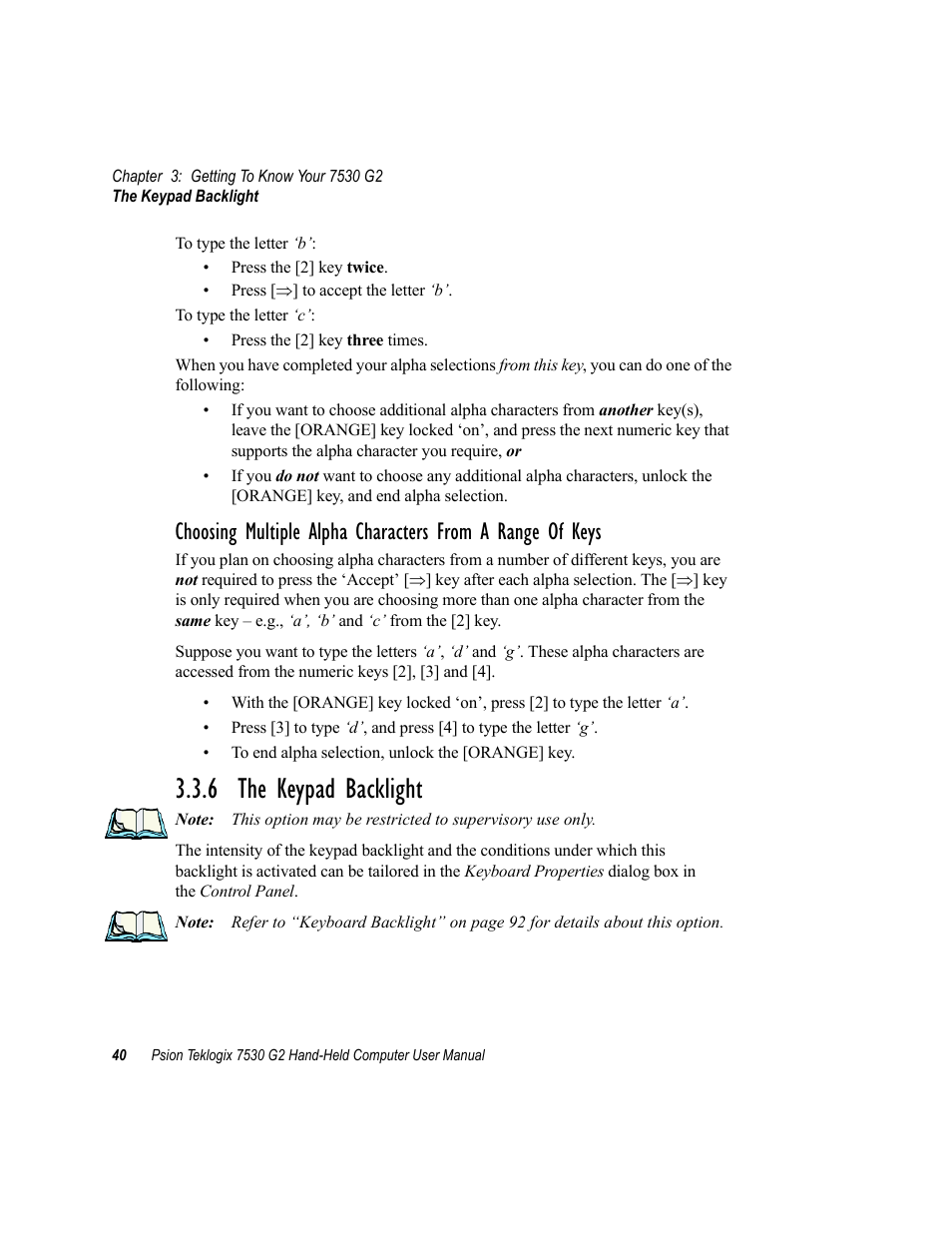 6 the keypad backlight | Psion Teklogix Hand-Held Computer 7530 G2 User Manual | Page 68 / 296