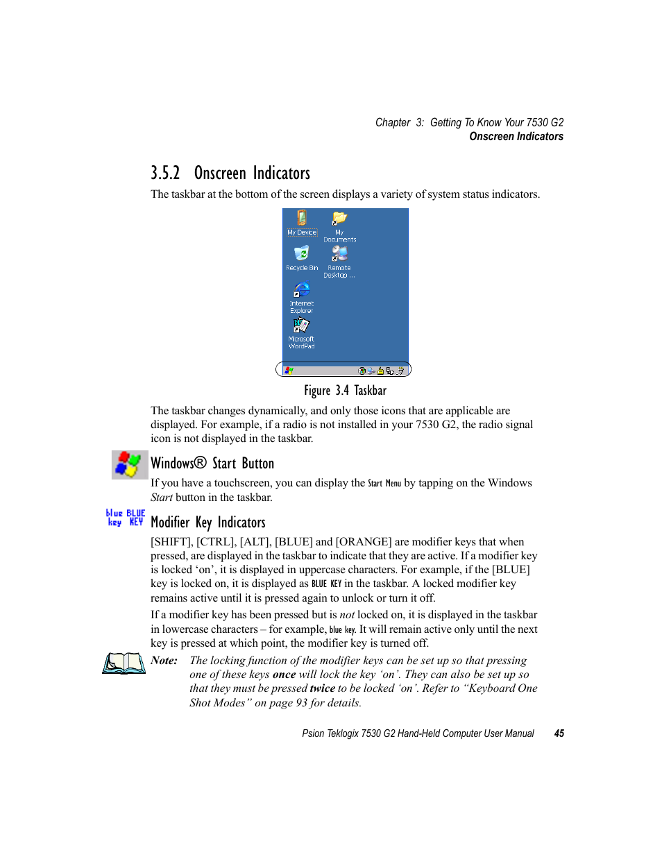 2 onscreen indicators, Windows® start button, Modifier key indicators | Psion Teklogix Hand-Held Computer 7530 G2 User Manual | Page 73 / 296