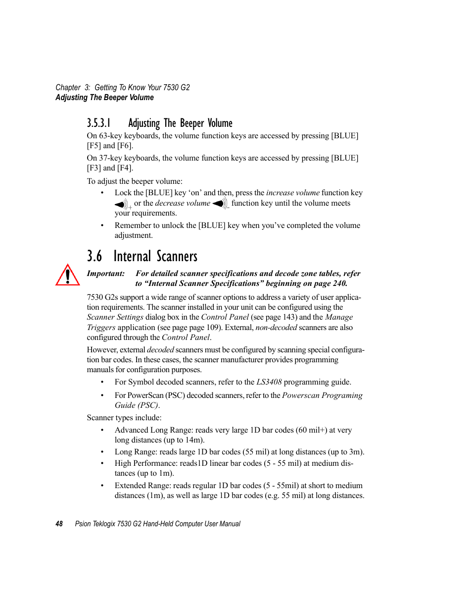 1 adjusting the beeper volume, 6 internal scanners | Psion Teklogix Hand-Held Computer 7530 G2 User Manual | Page 76 / 296