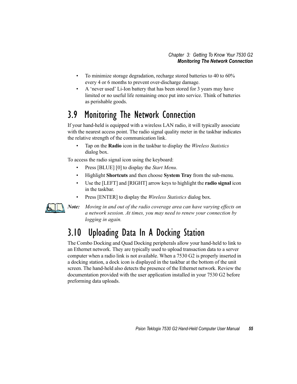 9 monitoring the network connection, 10 uploading data in a docking station | Psion Teklogix Hand-Held Computer 7530 G2 User Manual | Page 83 / 296