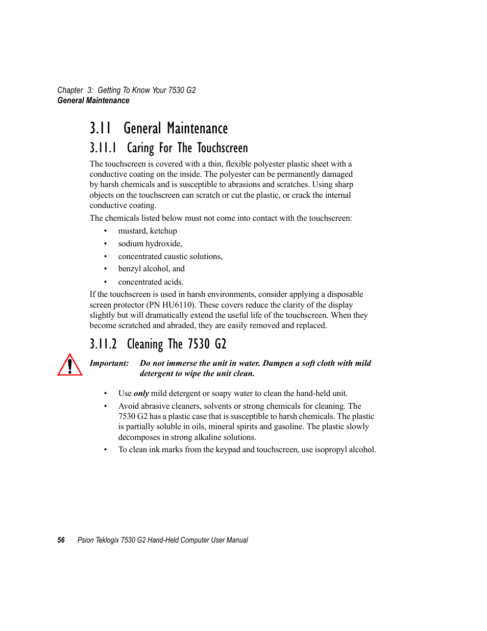 11 general maintenance, 1 caring for the touchscreen, 2 cleaning the 7530 g2 | Caring for the touchscreen | Psion Teklogix Hand-Held Computer 7530 G2 User Manual | Page 84 / 296