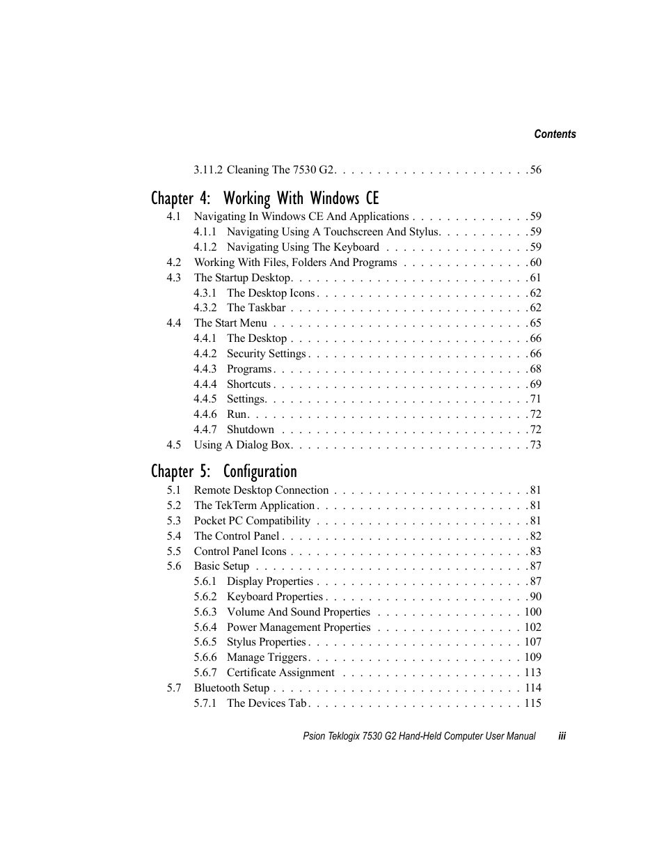 Chapter 4: working with windows ce, Chapter 5: configuration | Psion Teklogix Hand-Held Computer 7530 G2 User Manual | Page 9 / 296