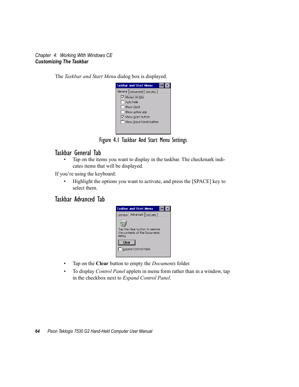 Taskbar general tab, Taskbar advanced tab | Psion Teklogix Hand-Held Computer 7530 G2 User Manual | Page 92 / 296