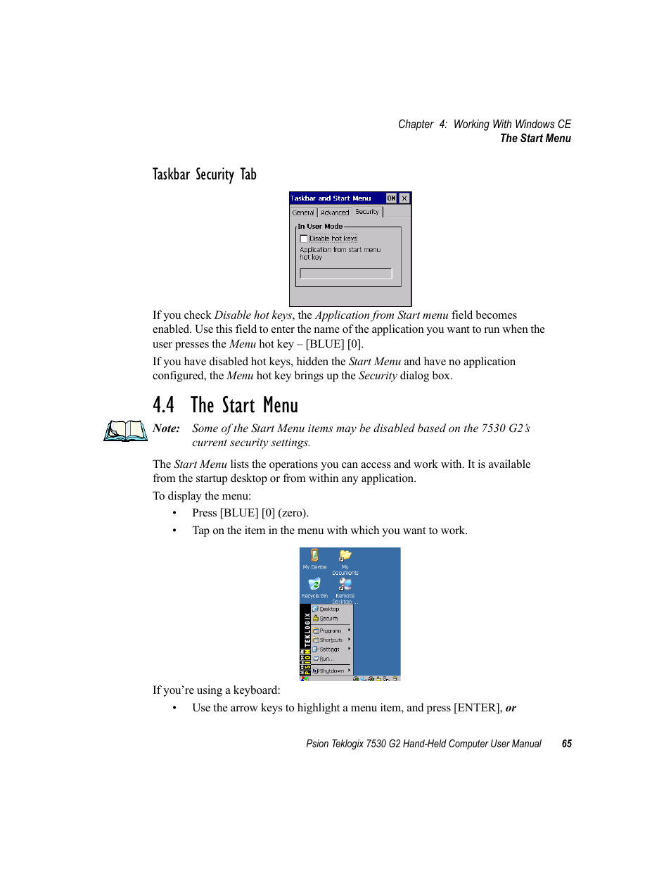 4 the start menu, Taskbar security tab | Psion Teklogix Hand-Held Computer 7530 G2 User Manual | Page 93 / 296