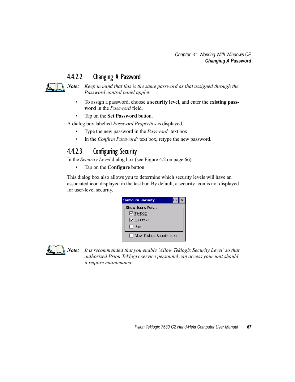 2 changing a password, 3 configuring security, 2 changing a password 4.4.2.3 configuring security | Psion Teklogix Hand-Held Computer 7530 G2 User Manual | Page 95 / 296