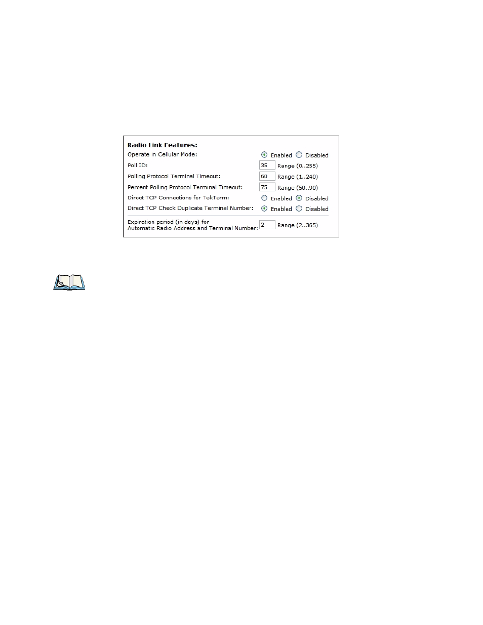 1 radio link features, Operate in cellular, Mode | Poll id, Polling protocol terminal timeout, Percent polling protocol terminal timeout | Psion Teklogix 9160 G2 User Manual | Page 262 / 376