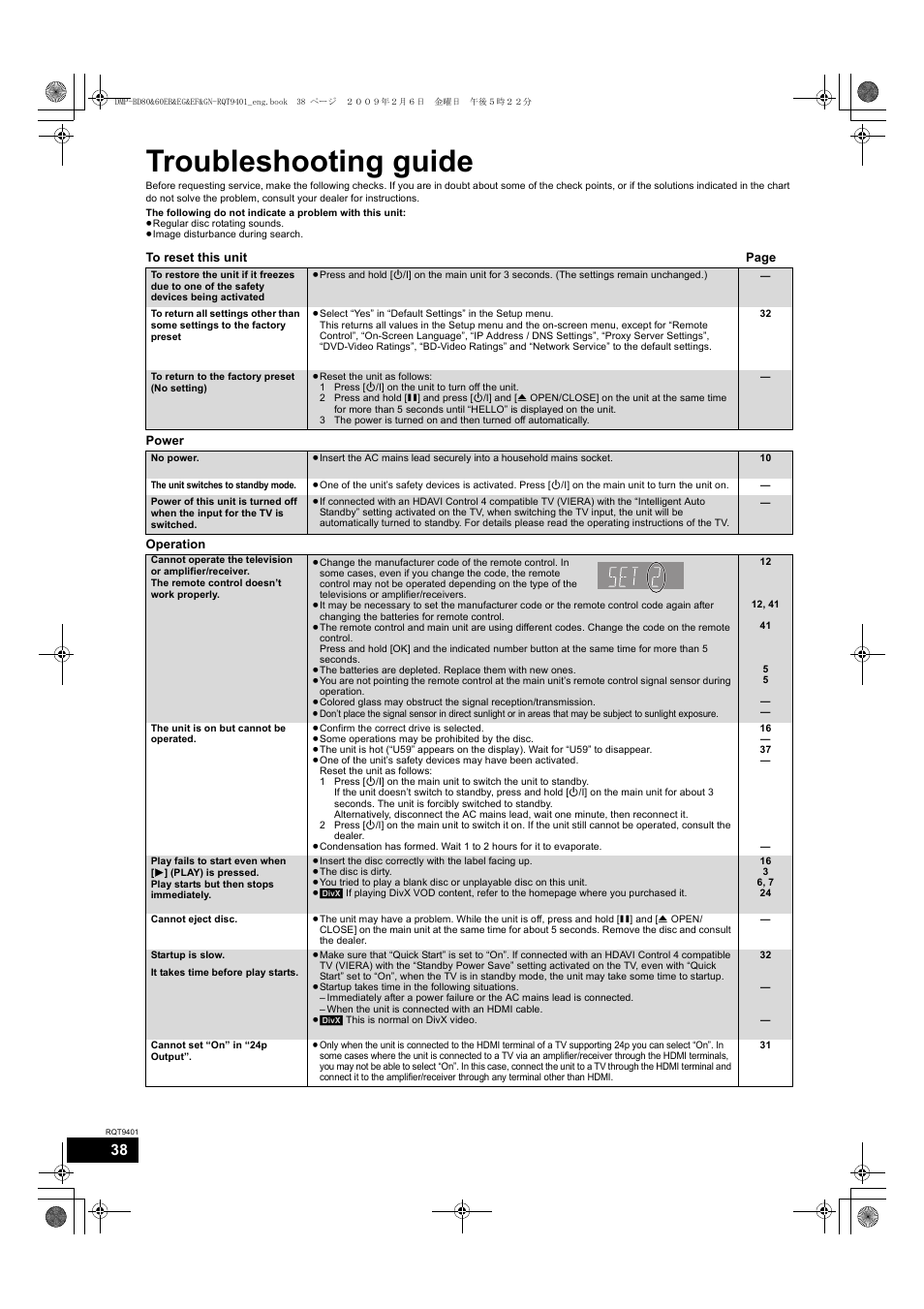 Troubleshooting guide | Parrot DMP-BD80 User Manual | Page 38 / 48
