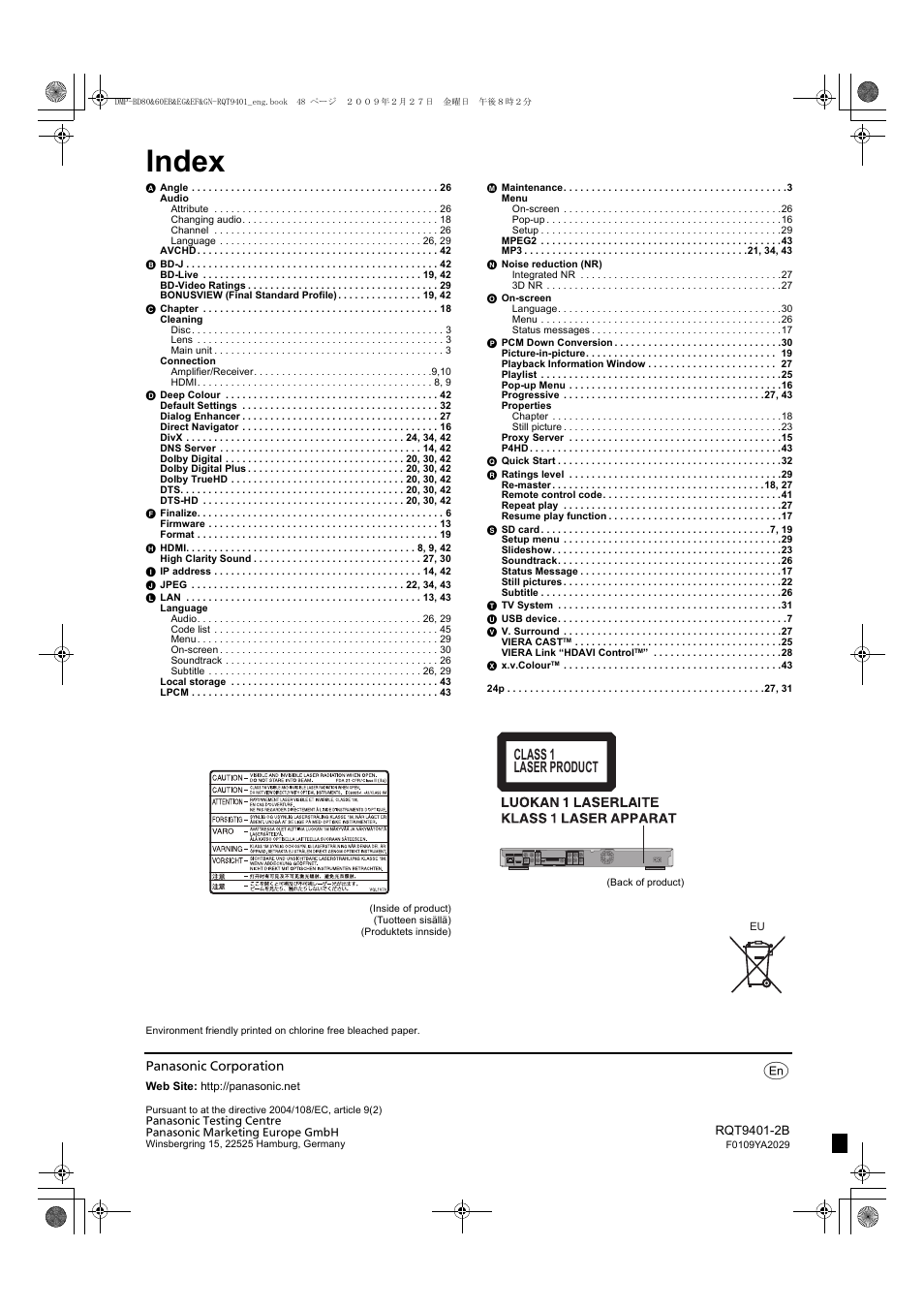 Index, Class 1 laser product | Parrot DMP-BD80 User Manual | Page 48 / 48