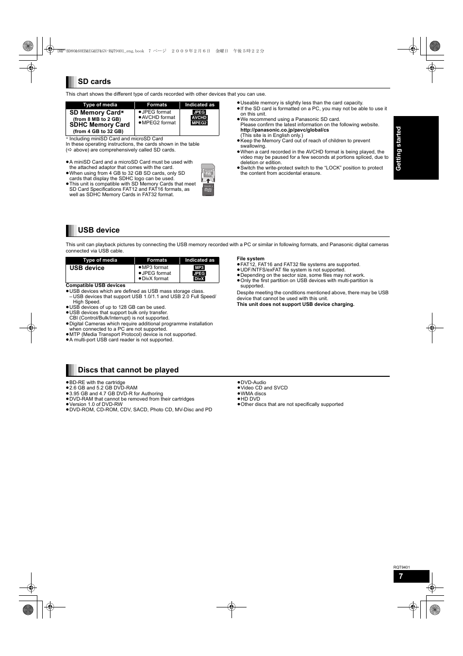 Sd cards, Usb device, Discs that cannot be played | Parrot DMP-BD80 User Manual | Page 7 / 48