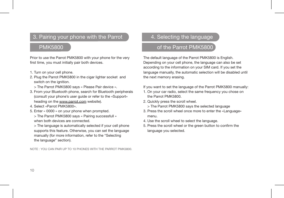 Pairing your phone with the parrot pmk5800, Selecting the language of the parrot pmk5800 | Parrot PMK5800 User Manual | Page 10 / 136