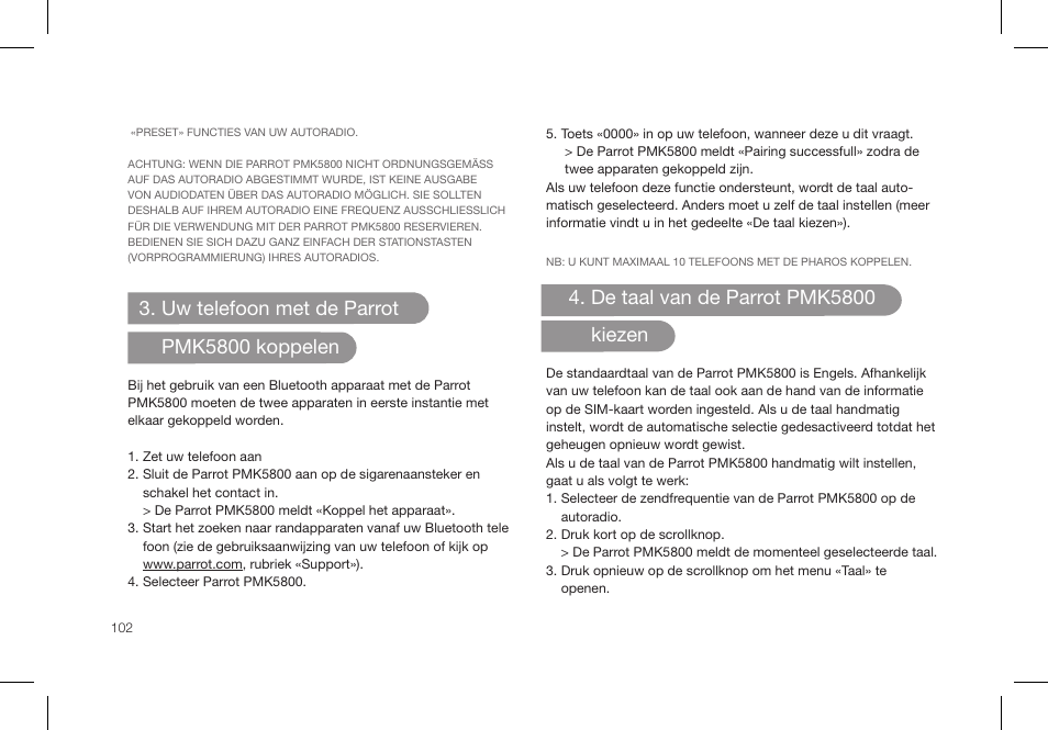 Uw telefoon met de parrot pmk5800 koppelen, De taal van de parrot pmk5800 kiezen | Parrot PMK5800 User Manual | Page 102 / 136