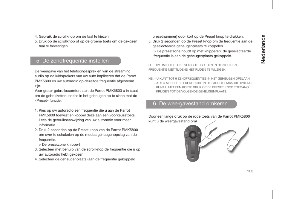 Nederlands, De zendfrequentie instellen, De weergavestand omkeren | Parrot PMK5800 User Manual | Page 103 / 136
