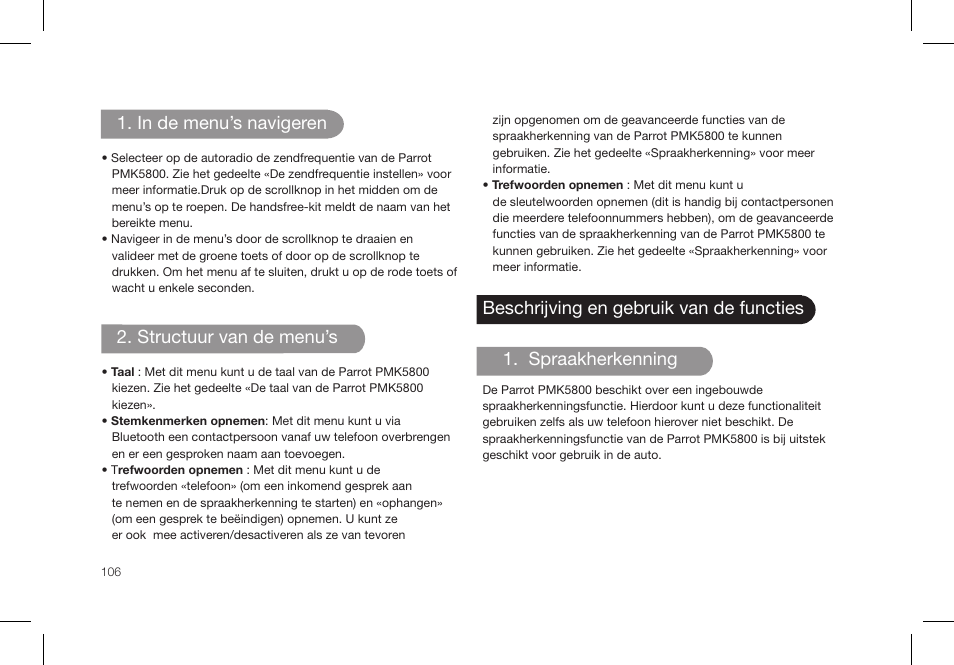Structuur van de menu’s | Parrot PMK5800 User Manual | Page 106 / 136