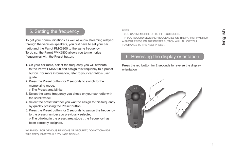 English, Setting the frequency, Reversing the display orientation | Parrot PMK5800 User Manual | Page 11 / 136