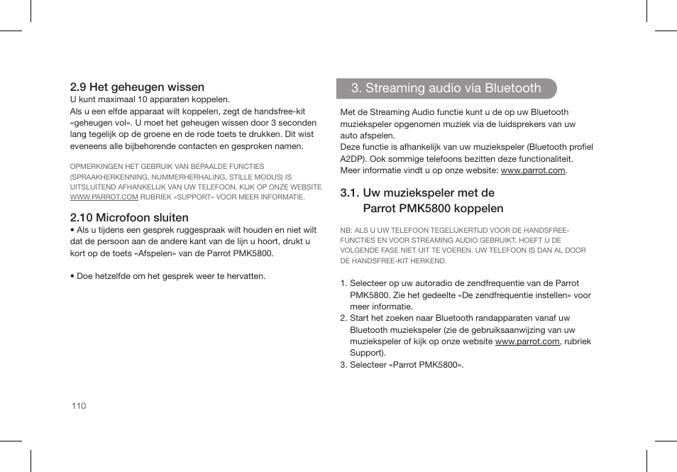 Streaming audio via bluetooth | Parrot PMK5800 User Manual | Page 110 / 136