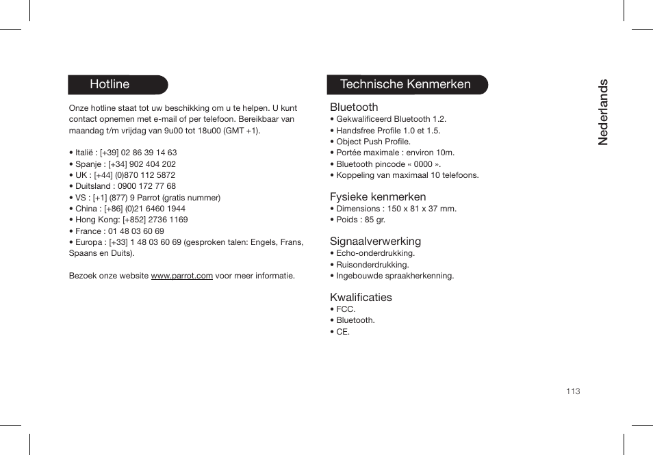 Nederlands, Hotline, Technische kenmerken | Parrot PMK5800 User Manual | Page 113 / 136