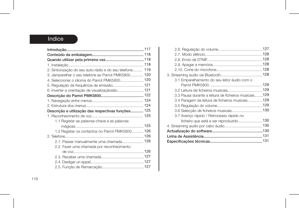 Indice | Parrot PMK5800 User Manual | Page 116 / 136