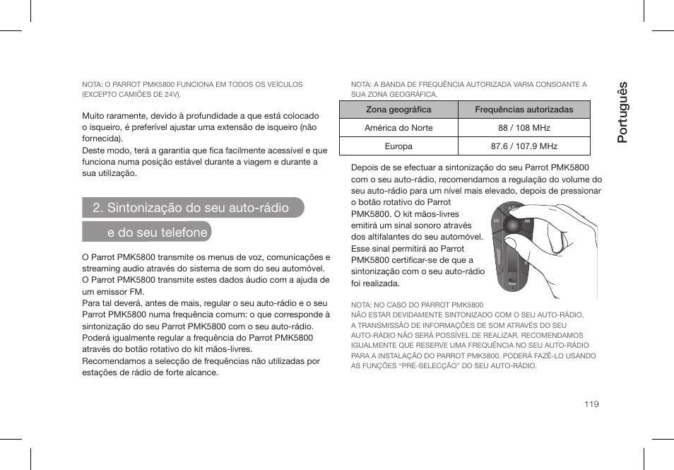 Português, Sintonização do seu auto-rádio e do seu telefone | Parrot PMK5800 User Manual | Page 119 / 136