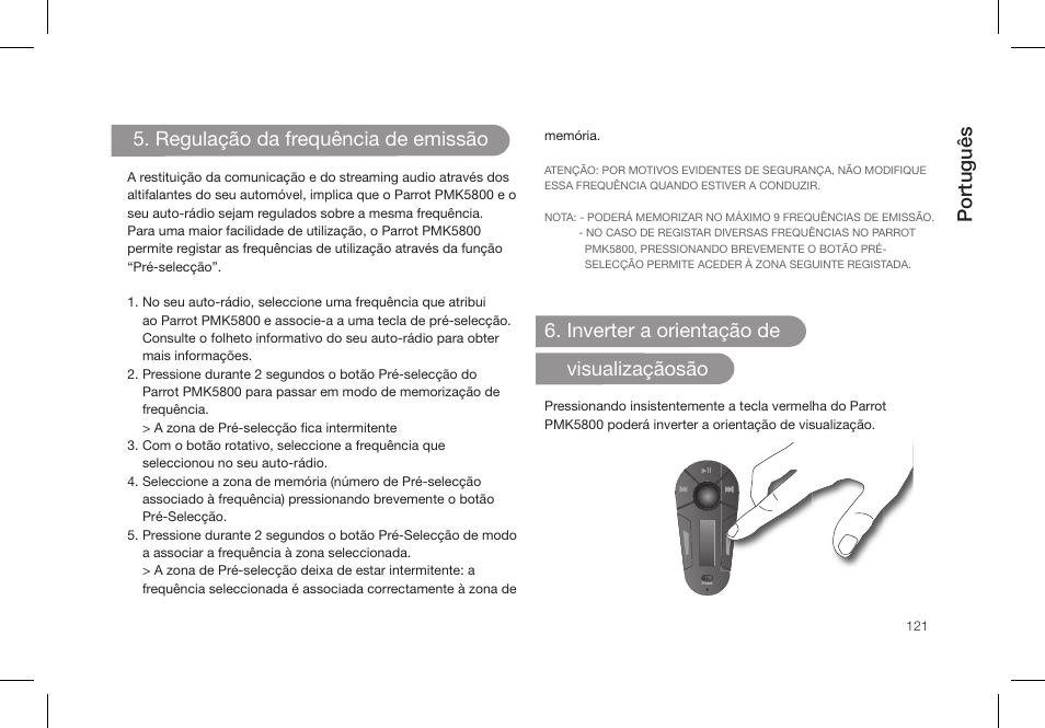 Português, Regulação da frequência de emissão, Inverter a orientação de visualizaçãosão | Parrot PMK5800 User Manual | Page 121 / 136