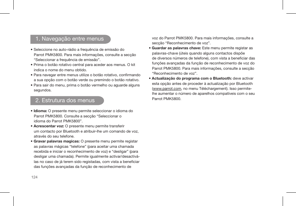 Navegação entre menus, Estrutura dos menus | Parrot PMK5800 User Manual | Page 124 / 136