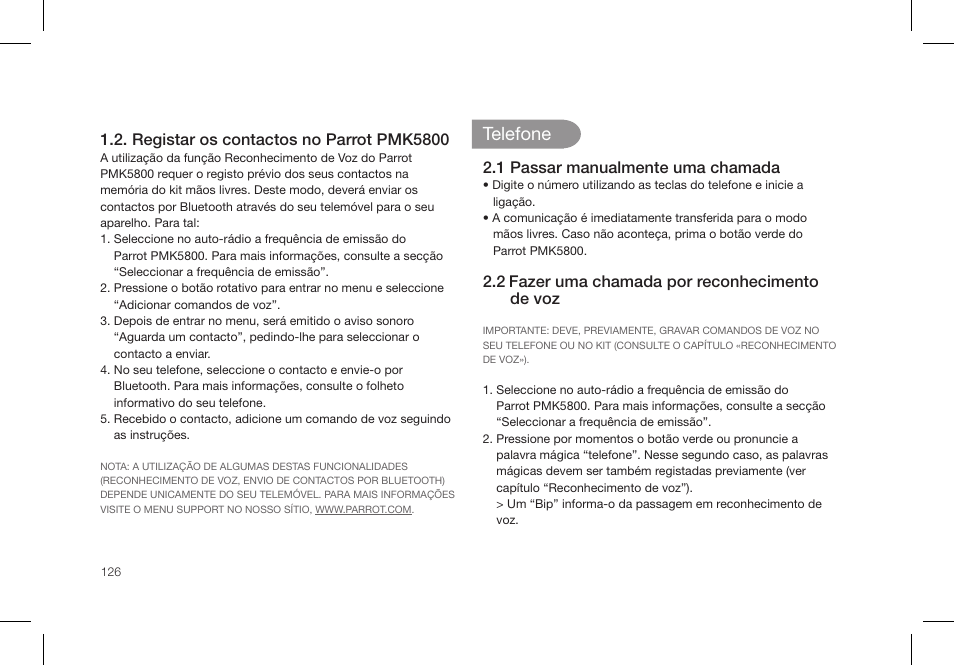 Telefone | Parrot PMK5800 User Manual | Page 126 / 136
