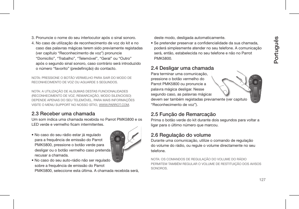 Português, Description du parrot pmk5800, 3 receber uma chamada | 4 desligar uma chamada, 5 função de remarcação, 6 regulação do volume | Parrot PMK5800 User Manual | Page 127 / 136