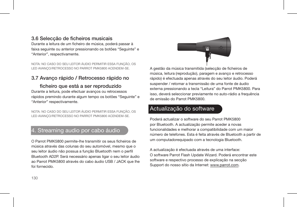 Streaming audio por cabo áudio, Actualização do software | Parrot PMK5800 User Manual | Page 130 / 136