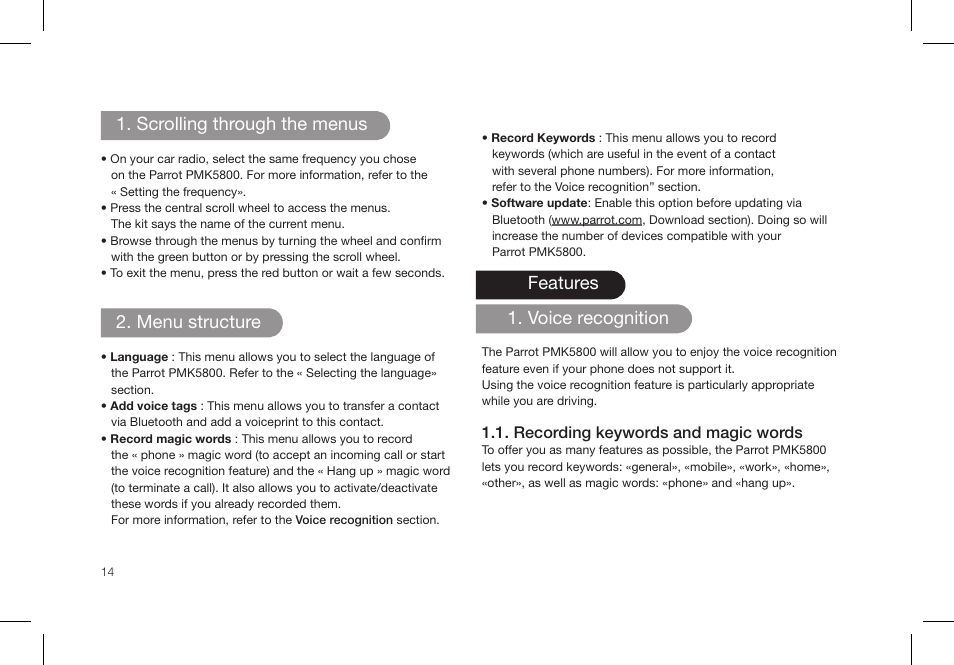 Scrolling through the menus, Menu structure, Features 1. voice recognition | Parrot PMK5800 User Manual | Page 14 / 136