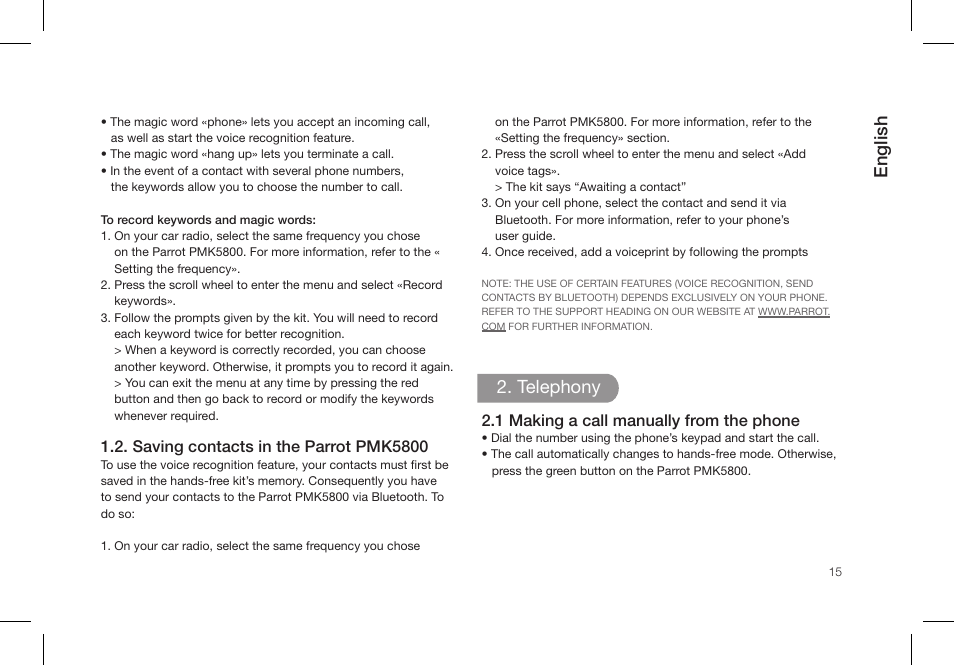 English, Telephony | Parrot PMK5800 User Manual | Page 15 / 136