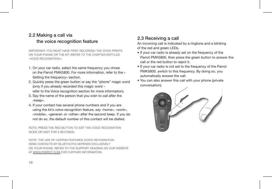 Description du parrot pmk5800, 2 making a call via the voice recognition feature, 3 receiving a call | Parrot PMK5800 User Manual | Page 16 / 136