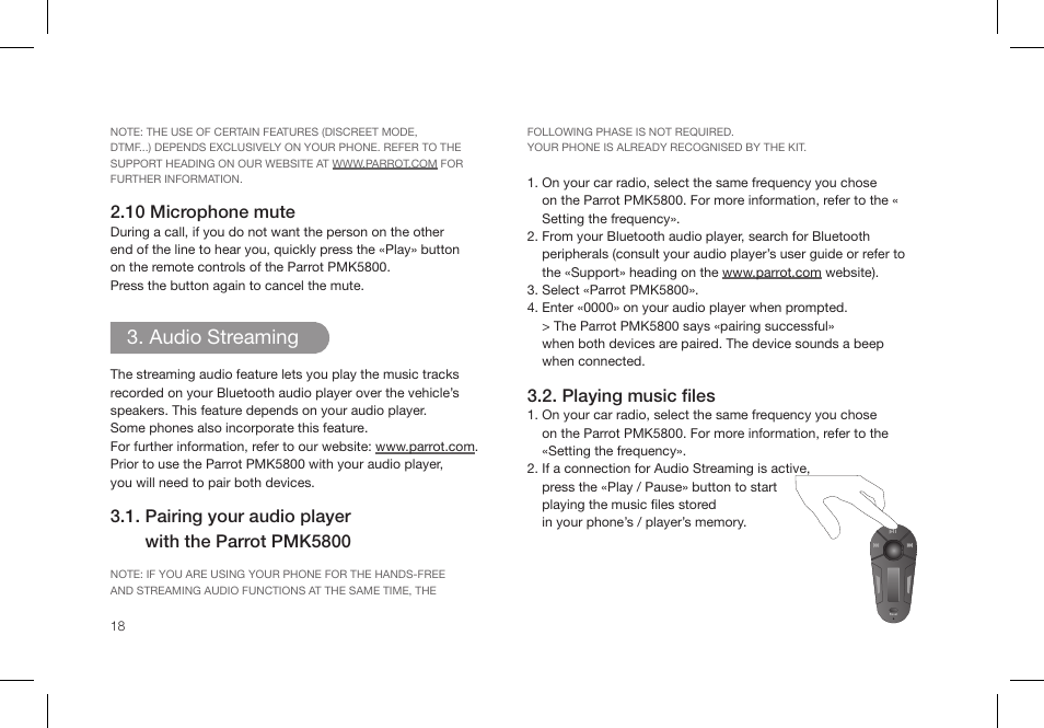 Audio streaming, 10 microphone mute, Pairing your audio player with the parrot pmk5800 | Playing music files | Parrot PMK5800 User Manual | Page 18 / 136
