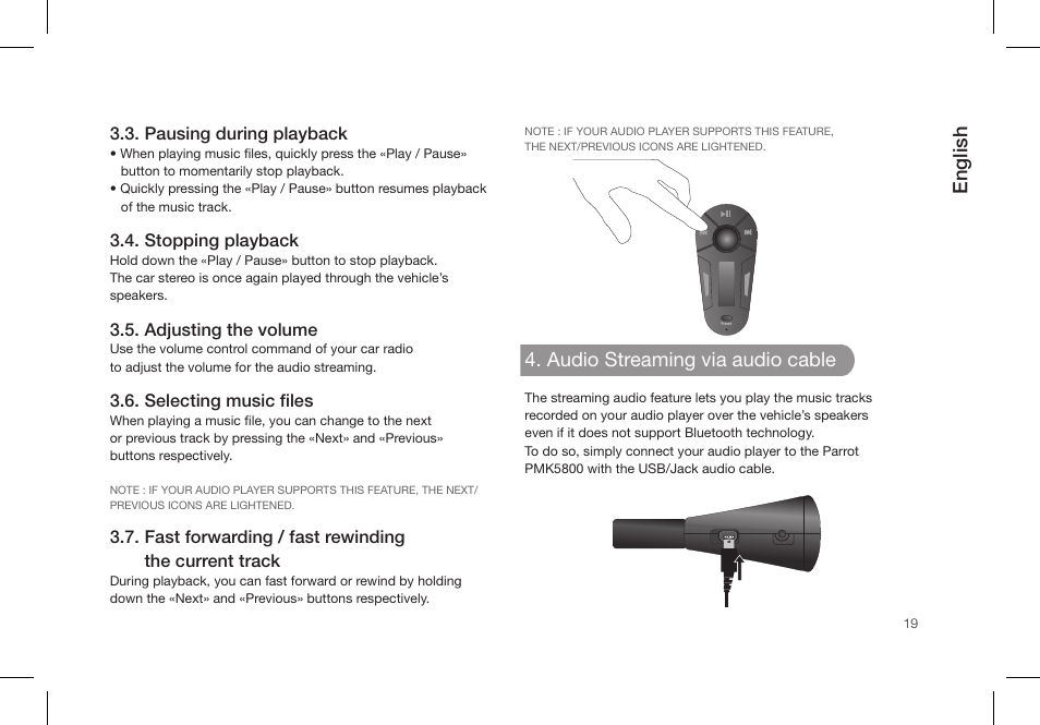 English, Audio streaming via audio cable | Parrot PMK5800 User Manual | Page 19 / 136