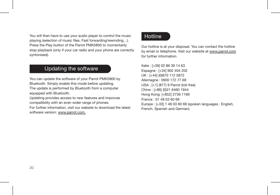 Updating the software, Hotline | Parrot PMK5800 User Manual | Page 20 / 136