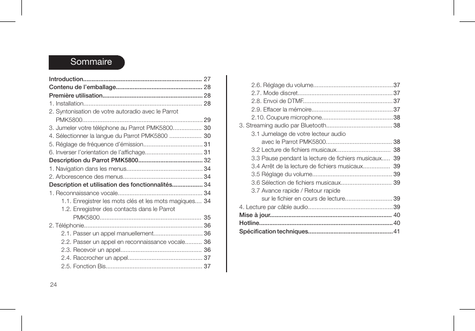 Sommaire | Parrot PMK5800 User Manual | Page 24 / 136