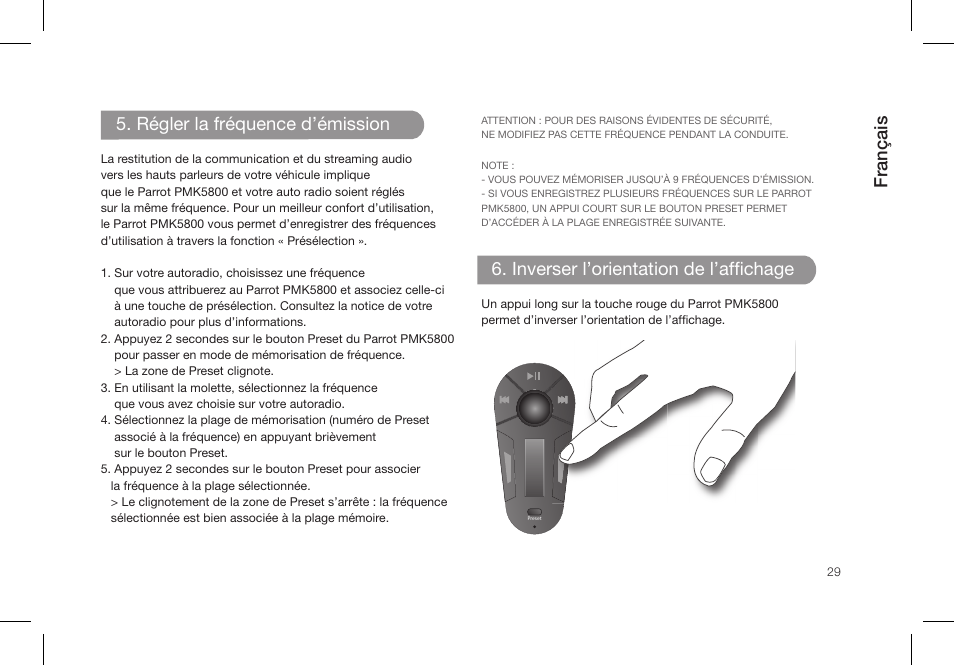 Français, Régler la fréquence d’émission, Inverser l’orientation de l’affichage | Parrot PMK5800 User Manual | Page 29 / 136