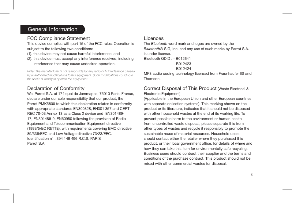 General information | Parrot PMK5800 User Manual | Page 3 / 136