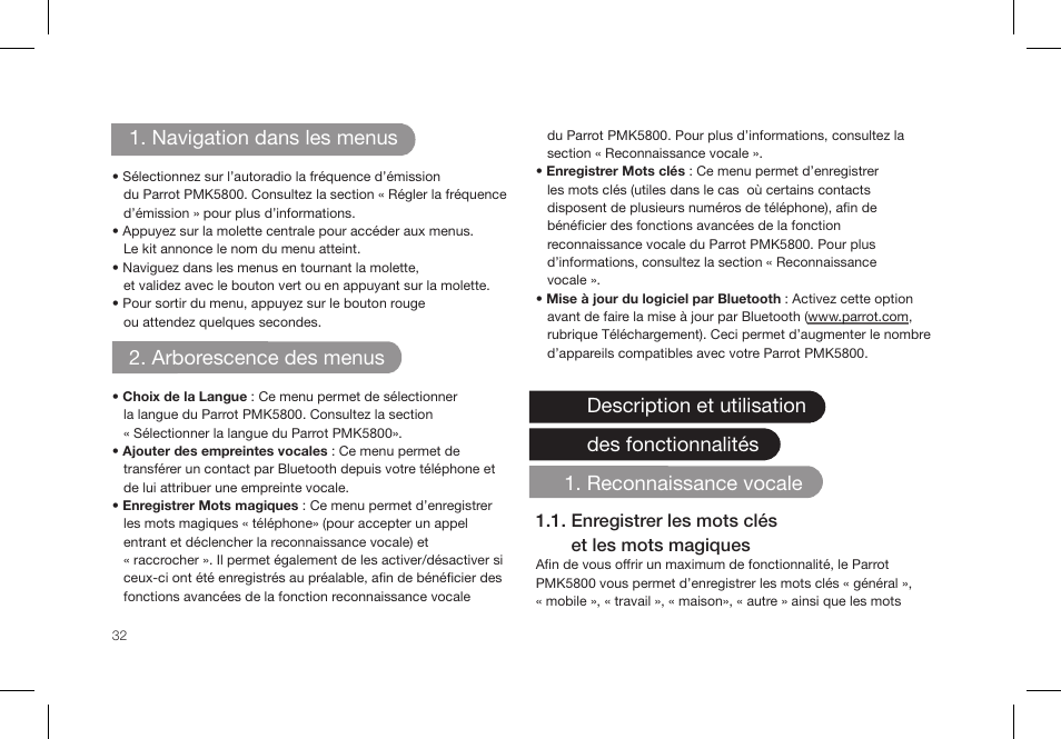 Navigation dans les menus, Arborescence des menus | Parrot PMK5800 User Manual | Page 32 / 136