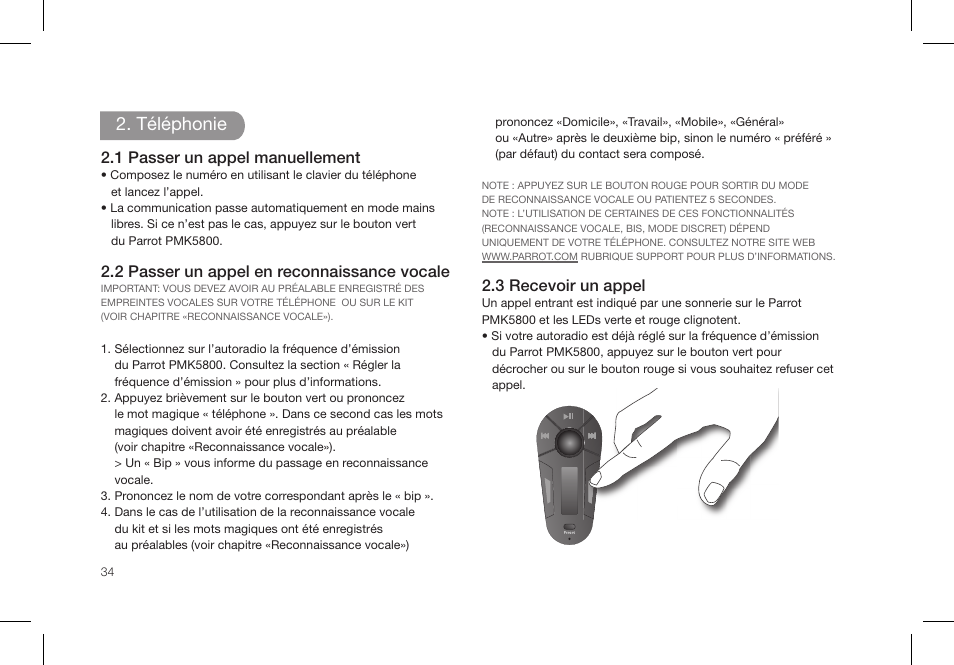 Téléphonie, Description du parrot pmk5800 | Parrot PMK5800 User Manual | Page 34 / 136