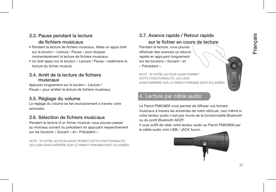 Français, Lecture par câble audio | Parrot PMK5800 User Manual | Page 37 / 136